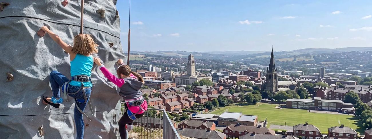 A climber on our mobile climbing wall high above Barnsley