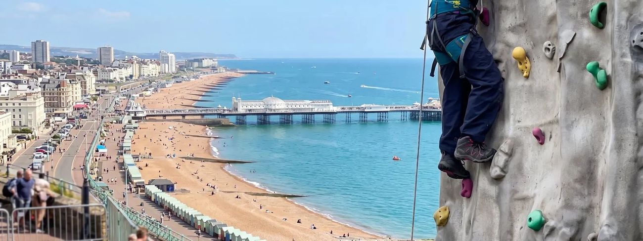 A climber on our mobile climbing wall high above Brighton, with the seafront, pier and sea behind