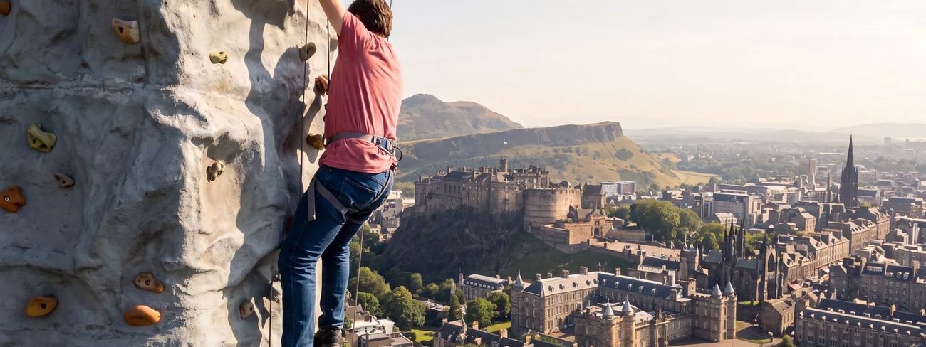 A climber on our mobile climbing wall high above Edinburgh, with the castle and city skyline behind