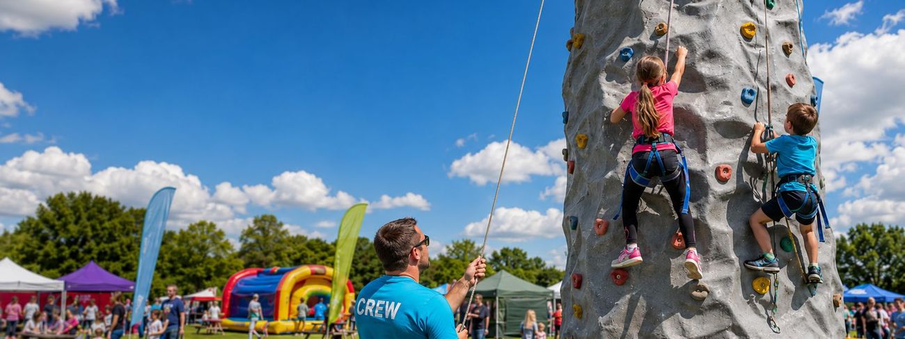Children climbing on a 26ft mobile climbing wall at an outdoor fun day with our crew belaying