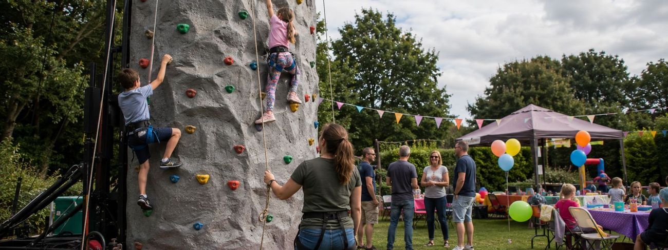 Children climbing the wall at a colourful garden party with balloons and bunting