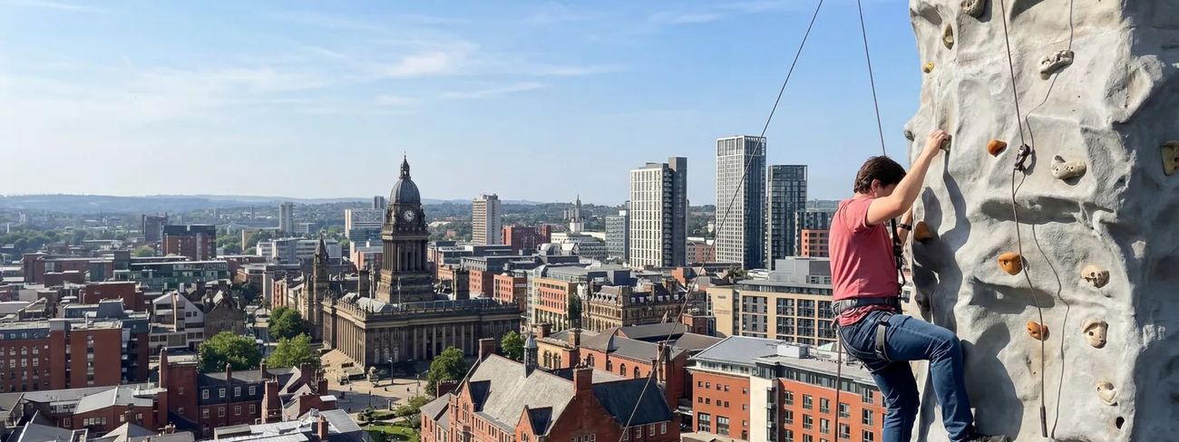 A climber on our mobile climbing wall high above Leeds