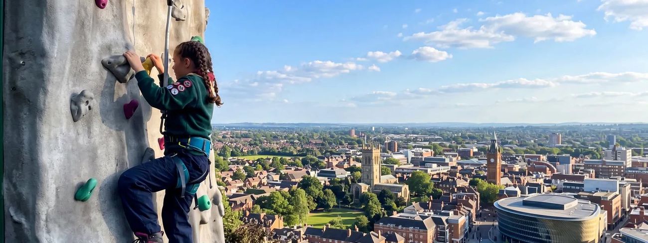 A climber on our mobile climbing wall high above Leicester
