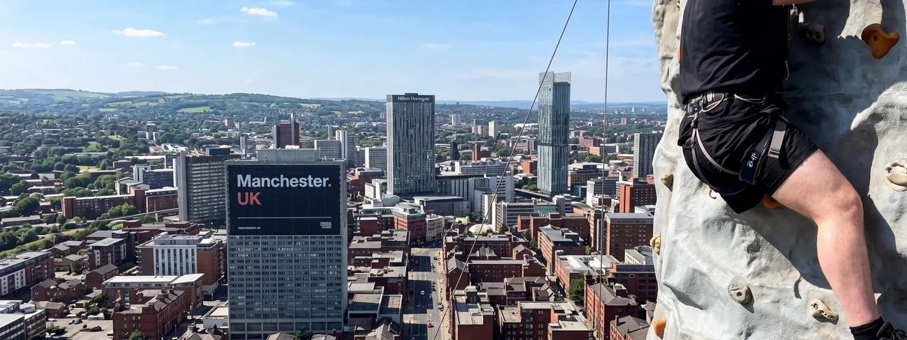 A climber on our mobile climbing wall high above Manchester
