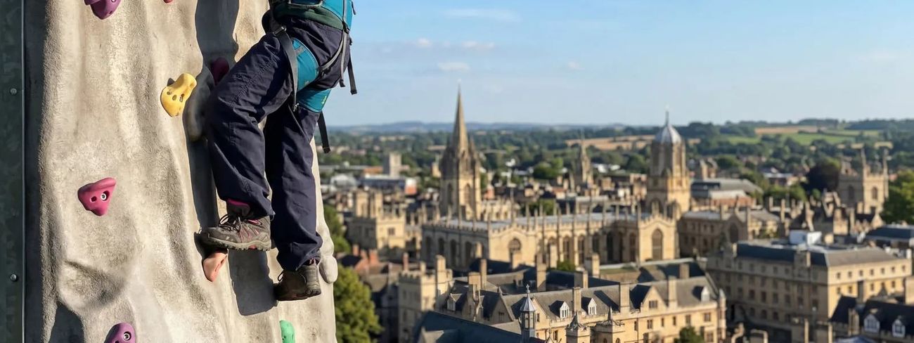 A climber on our mobile climbing wall high above Oxford