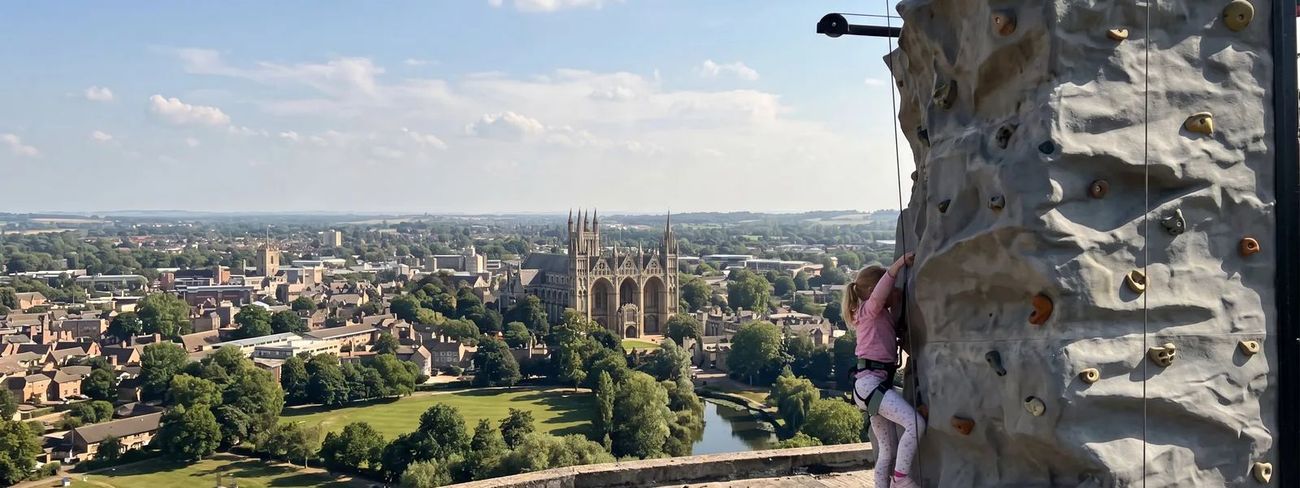 A climber on our mobile climbing wall high above Peterborough