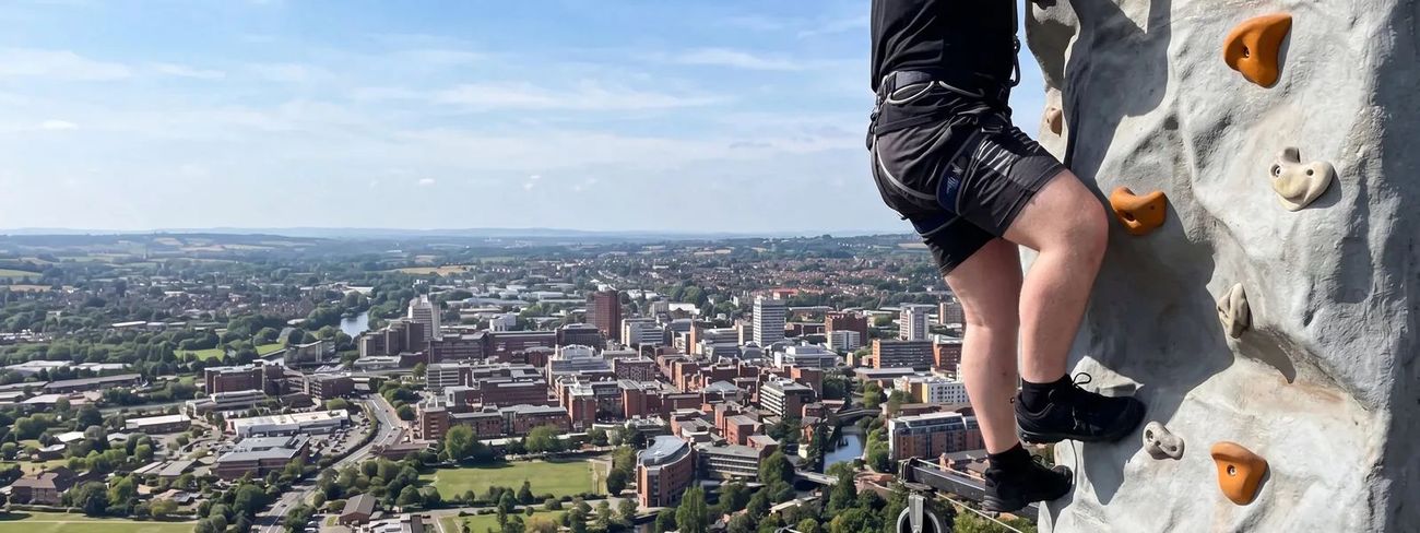 A climber on our mobile climbing wall high above Reading