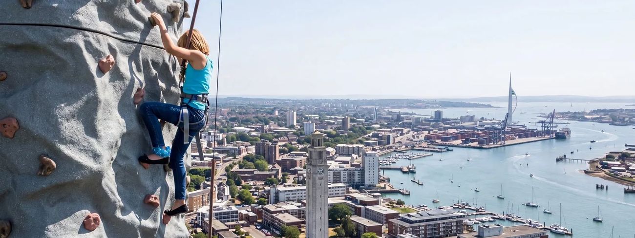 A climber on our mobile climbing wall high above Southampton